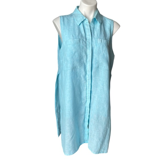 CHICO'S Sleeveless Side Slit Blue Aqua Linen Tunic, Sz L/12 - Picture 6 of 15